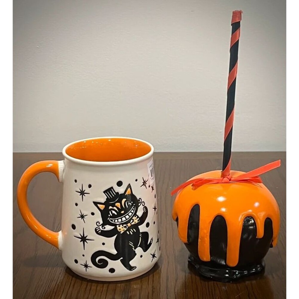 Pumpkin Spice Halloween Black Cat Mug & Decorative Resin Candy Apple Gift Set